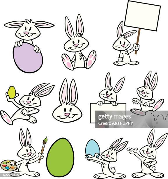 set of easter bunnies - painted easter eggs stock illustrations