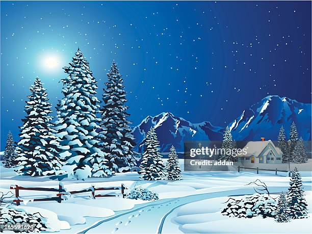 comic winter-landschaft mit bäumen und cottage in der ferne - schneebedeckt stock-grafiken, -clipart, -cartoons und -symbole