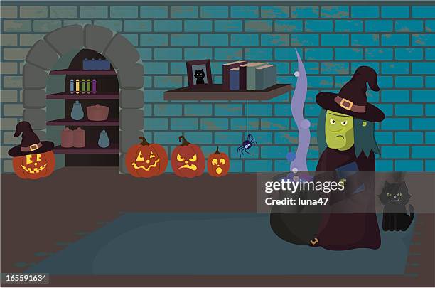 halloween scene: witch in dungeon - bookshelf background stock illustrations