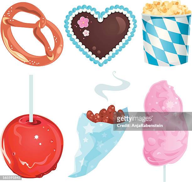 oktoberfest speisen und lebkuchenherz und zuckerwatte - heart candy on white stock-grafiken, -clipart, -cartoons und -symbole
