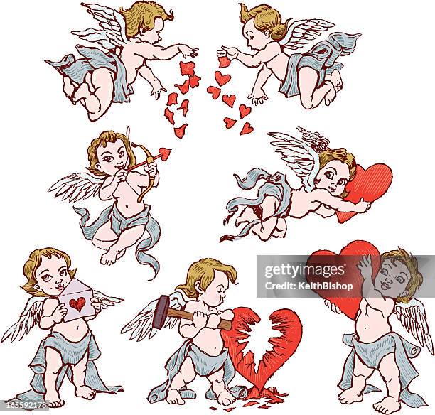 ilustraciones, imágenes clip art, dibujos animados e iconos de stock de cupido de la colección de san valentín con corazones - baby angel