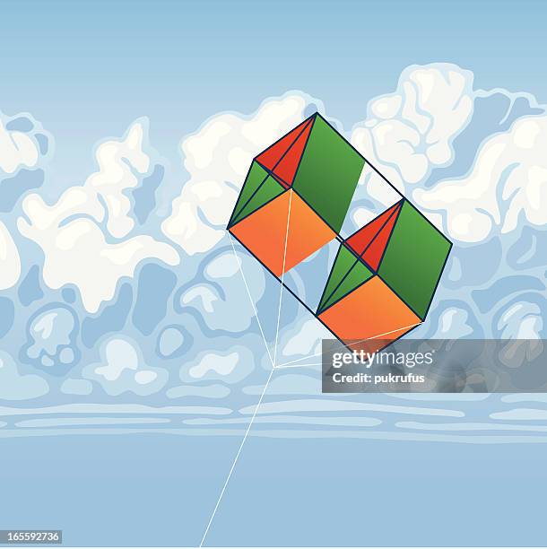 box kite flying in cloudy sky - box kite stock illustrations