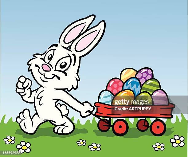 easter bunny with wagon of eggs - toy wagon stock illustrations