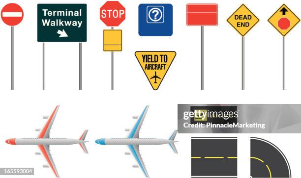 ilustraciones, imágenes clip art, dibujos animados e iconos de stock de aviones, pistas & señales hacia el aeropuerto. - señal de calle sin salida