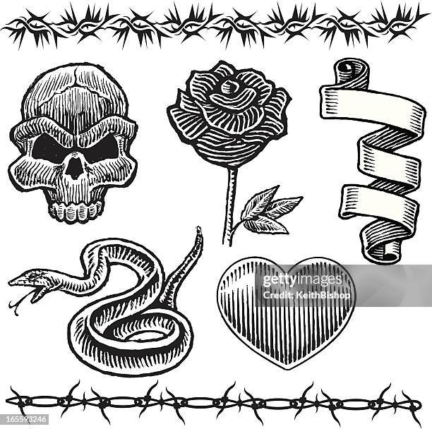 illustrations, cliparts, dessins animés et icônes de conception de tatouage, tête de serpent, cœur, rose et fil barbelé - tatouage-coeur