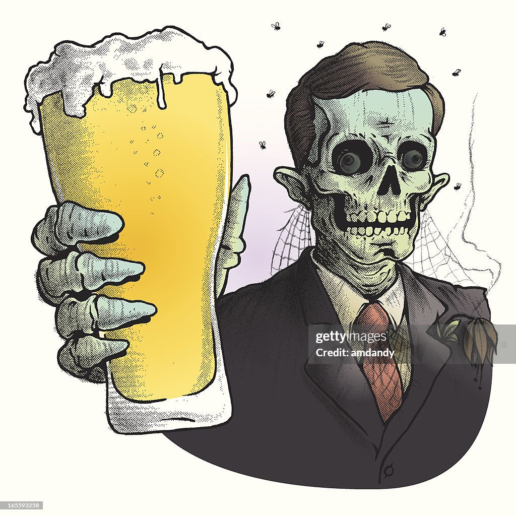 Zombie trägt Anzug trinkt ein Glas Bier