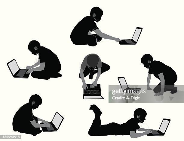 laptop boy vector silhouette - multiple computer screens white background stock illustrations