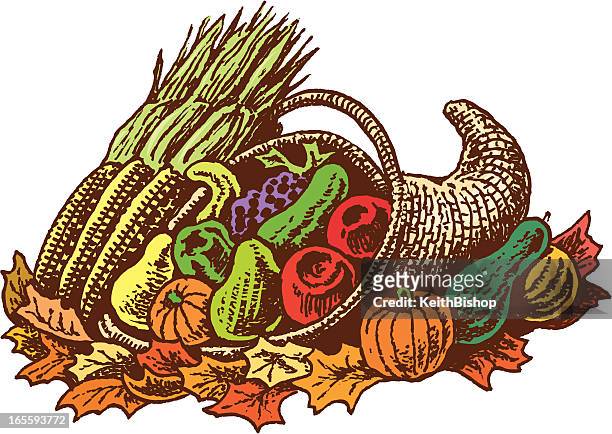 bildbanksillustrationer, clip art samt tecknat material och ikoner med cornucopia with fruit, vegetables and leaves - cornucopia