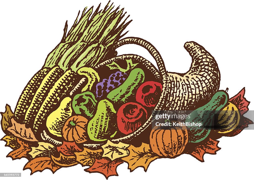 Cornucopia with Fruit, Vegetables and Leaves