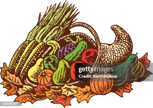 Cornucopia with Fruit, Vegetables and Leaves Cornucopia with Fruit, Vegetables and Leaves