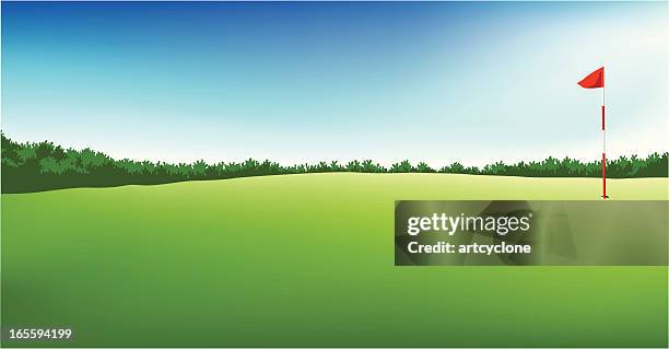 golf feld mit flagge - panoramic stock-grafiken, -clipart, -cartoons und -symbole