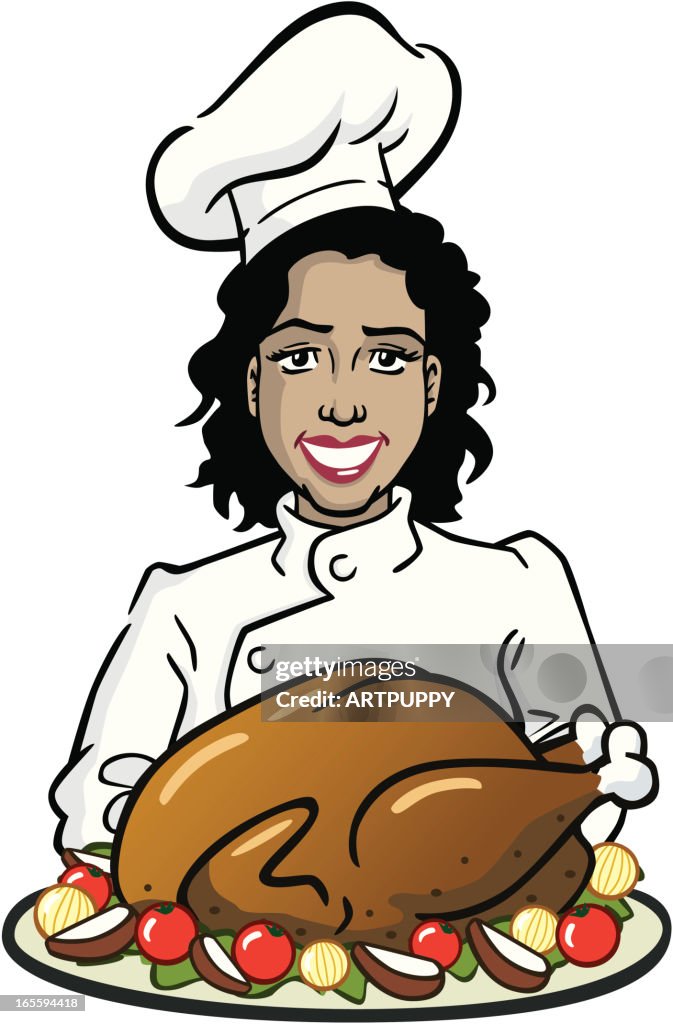 African American Woman Chef With Turkey