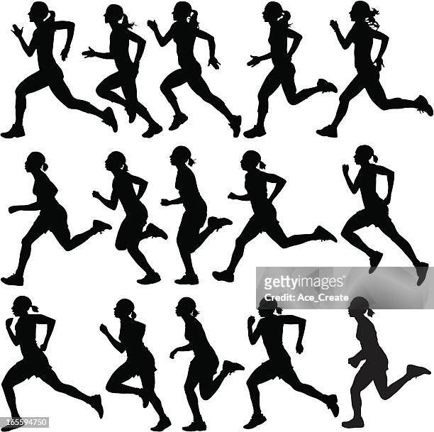 weibliche läufer silhouette ermöglicht - women's track stock-grafiken, -clipart, -cartoons und -symbole