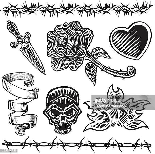 tattoo designs heart knife rose flame - dagger stock illustrations