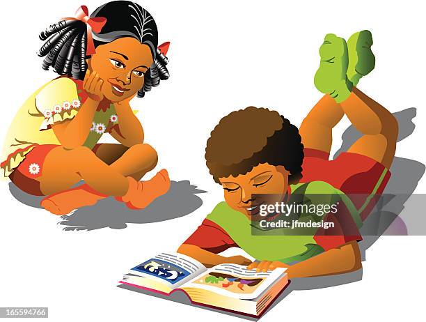 two kids reading - girl reading stock illustrations