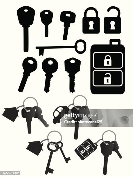 vector black icons of keys, locks, and key chains on white - key fob stock illustrations