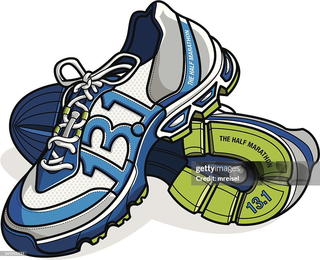 Running shoes with 13.1 mile distance as stitching