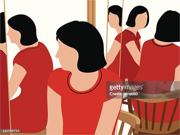 woman at three-way mirror - multiple images of the same woman stock illustrations