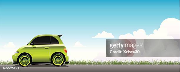 vector illustration of a small green car on a gray road - compact car stock illustrations
