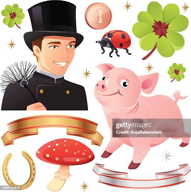 illustrations, cliparts, dessins animés et icônes de bonne chance collection de porc et ramoneur - ramonage