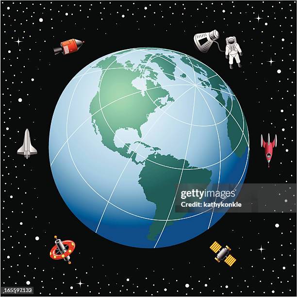in orbit around the earth - astronaut space station stock illustrations