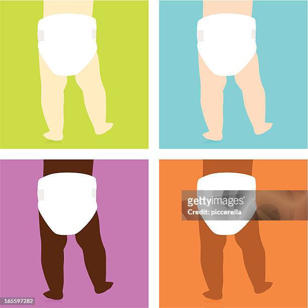 stockillustraties, clipart, cartoons en iconen met pop art style images of baby bottoms with varying skin color - menselijk been