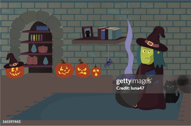 witch at home in dungeon with cat - cauldron stock illustrations