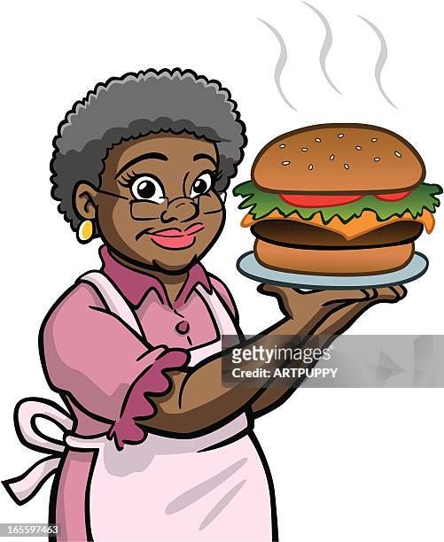 illustrations, cliparts, dessins animés et icônes de granny tenant un hamburger afro-américaine - mamie cuisine