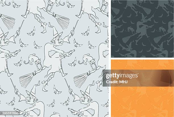 witch cartoon three seamless patterns - magic wand background stock illustrations