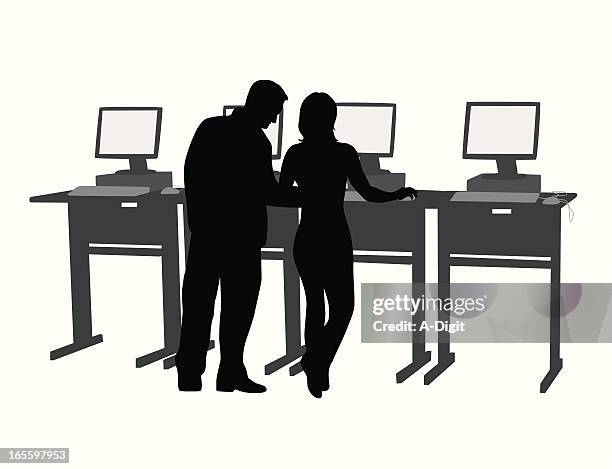 library search vector silhouette - couple using computer stock illustrations