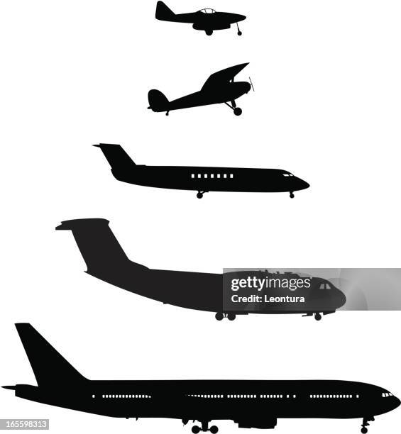 five planes from the side - small airplane stock illustrations