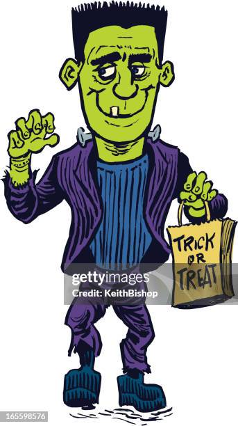 ilustraciones, imágenes clip art, dibujos animados e iconos de stock de frankenstein monster de halloween trick or treat - frankenstein