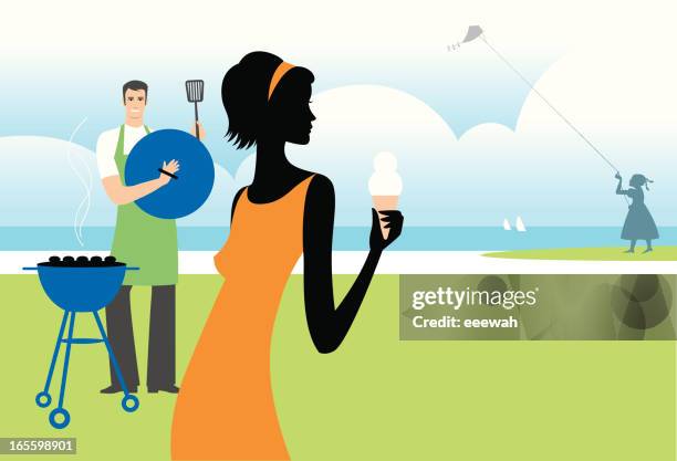 bbq on beach - barbeque party woman stock illustrations