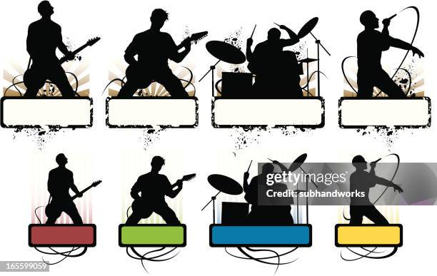 bildbanksillustrationer, clip art samt tecknat material och ikoner med grunge music icons - drummer silhouette