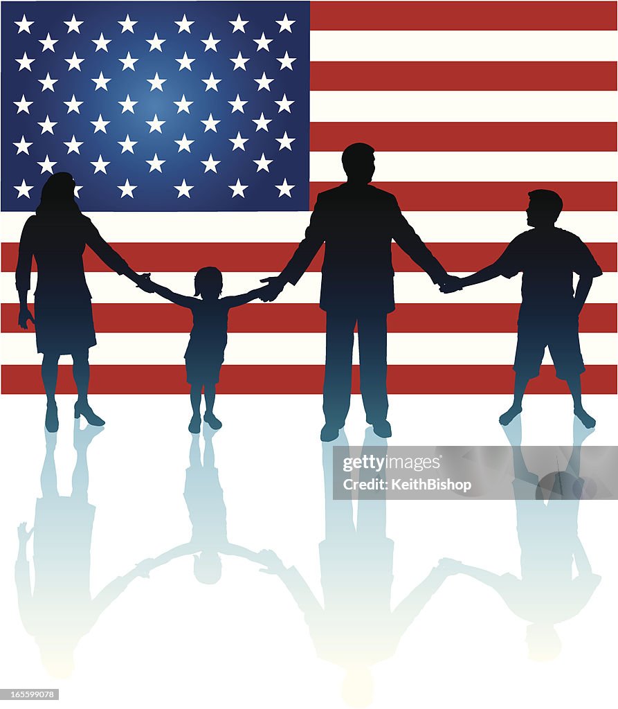 Family Holding Hands with American USA Flag Background