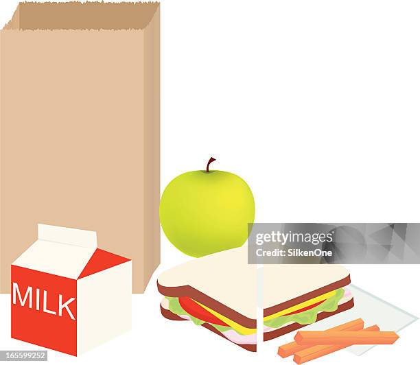 cartoon school lunch outside of a brown paper bag - green apple white background stock illustrations