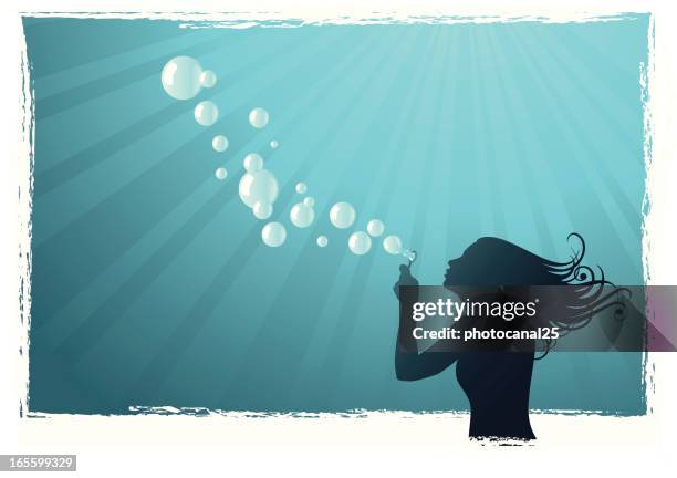 girl and bubbles under water - woman blowing soap bubbles stock illustrations