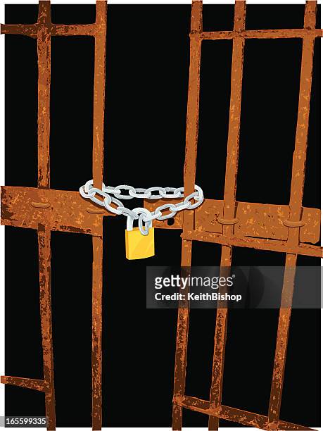 prison cell with pad lock and chain - prison door stock illustrations