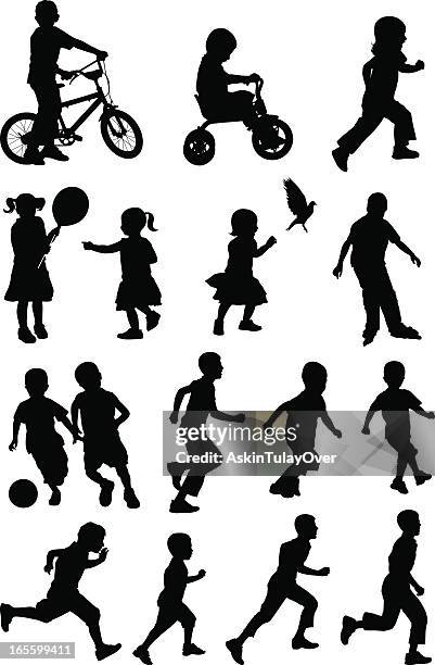 black silhouettes of children at play on white background - child running stock illustrations