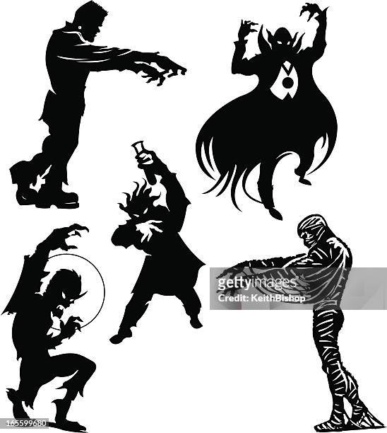 halloween monsters frankenstein, dracula, werewolf, mummy, mad scientist - inventor vector stock illustrations
