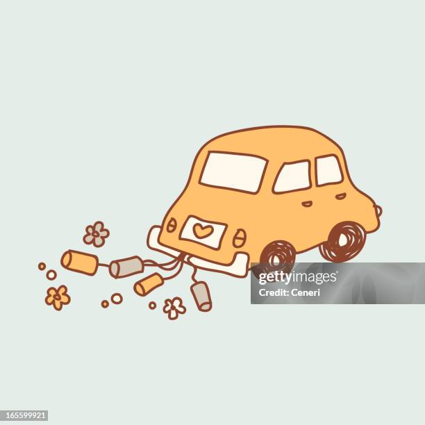 ilustrações de stock, clip art, desenhos animados e ícones de recém casados: getaway carro com latas - carro compacto