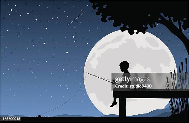 child fishing by moonlight - pond stock illustrations