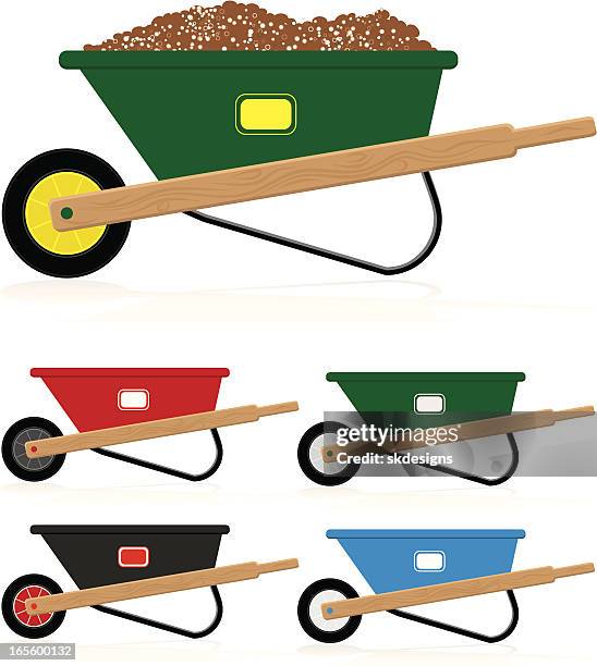 wheelbarrows in several colors - empty, filled with dirt, soil - red wheelbarrow stock illustrations