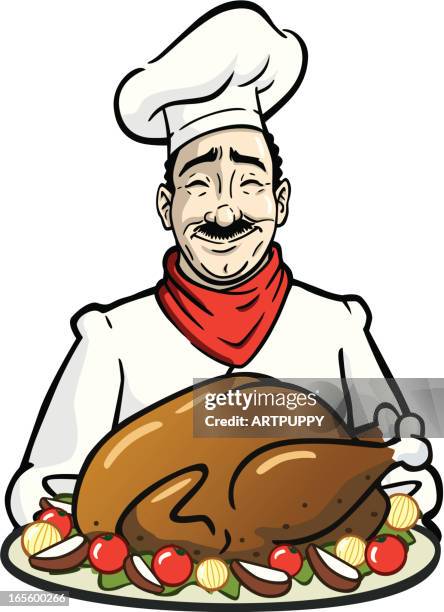 chef with turkey - roasted vegetables stock illustrations