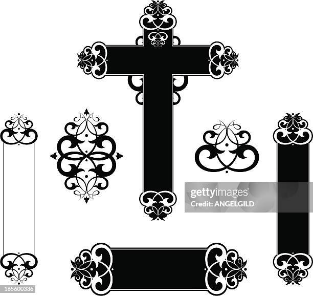 decorative scroll cross panels - church black and white clipart stock illustrations