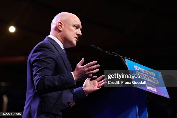 National Party leader Christopher Luxon speaks at the National Party election campaign launch at Manukau Events Centre on September 03, 2023 in...