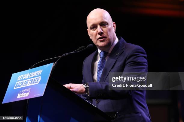 National Party leader Christopher Luxon speaks at the National Party election campaign launch at Manukau Events Centre on September 03, 2023 in...