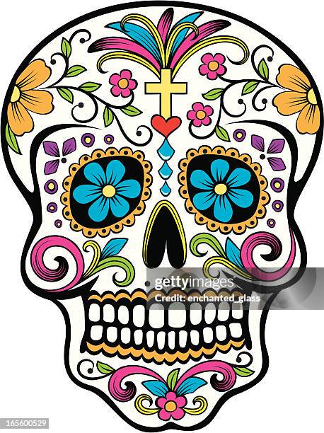 tag der toten feier sugar skull - mexican flower pattern stock-grafiken, -clipart, -cartoons und -symbole