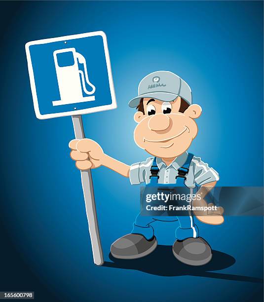 gas station attendant sign cartoon man - gas station attendant stock illustrations