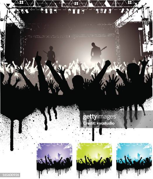 four graphics of cheering crowd at rock concert - classic rock stock illustrations